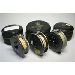 Three Hardy trout fly reels: A Marquis No. 6, 31/4"; A Marquis No. 7, 33/8"; and A Viscount 140 Mar.
