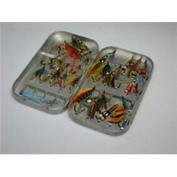 A Wheatley alloy fly tin containing twenty-three salmon flies...