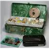 Image 1 : A Hardy Bakelite lure box and a plastic case containing dapping flies and a bronze coloured centrep.