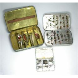 A Hardy alloy trout fly tin containing 117 trout flies together with a Wheatley alloy wet fly tin c.