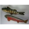 Image 1 : Two wooden decoys carved as fish (possibly American), 31cm and 25cm respectively, both painted and..