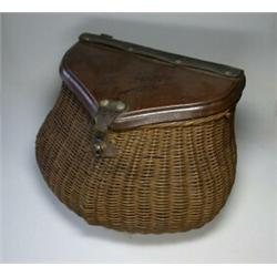 A small French wicker creel with leather cover, inscribed 'Le Practique, G.J., depose'...