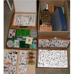 A large quantity of trout flies in four wooden boxes and a carton containing many small plastic and.