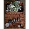 Image 1 : A wicker basket containing fly lines, reels and other items of fishing tackle...