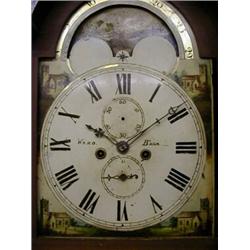 A VICTORIAN LONGCASE CLOCK, c.1850, arched pediment hood, painted dial with lunar equation, subsi...