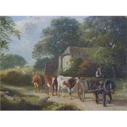 CLARK, SAMUEL, JOSEPH, (attributed) rural landscape, cottage right, ducks on pond left, farm work...