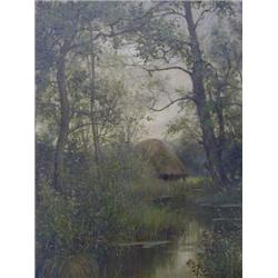 O'CONNER, J.,  late 19th Century, landscape study of a woodland pool, thatched hut centre backgro...