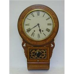 A WALNUT TABERNACLE CLOCK, late 19th Century, 30cm painted Roman dial, parquetry inlaid case, coi...