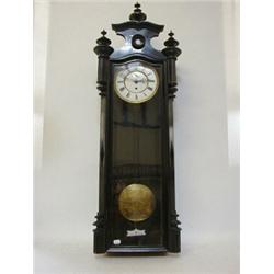 A VIENNA WALL TIMEPIECE, early 20th Century, ebonised case, 16cm enamel Roman dial with subsidiar...