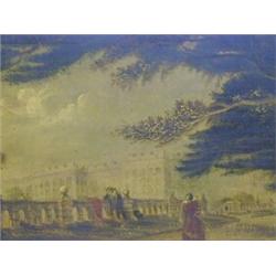 ENGLISH NAIVE SCHOOL, c.1820, 'The Terrace, Haddon Hall, Derbyshire', oils on board, 28cm x 44cm ...