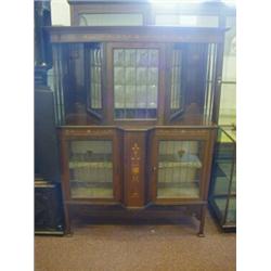 A LIBERTY & CO MAHOGANY EXTENSIVELY INLAID VITRINE, early 20th Century, two level lead glazed sto...