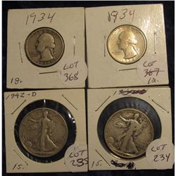 26. (2) 1934 P Washington Silver Quarters G & EF; 1942 D VG & 43 P VG Walking Liberty Half Dollars. 