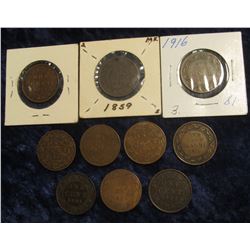 44. Flock of Canada Large Pennies: 1859, 1876H, 1901, 1902, 1906, 1908, 1909, 1910, 1911, & 1916. G-