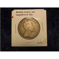 103. 1906 Canada Silver Half Dollar. VG-8. Mintage of 350,000.