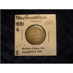 106. 1881 Newfoundland, Canada Silver Twenty Cent Piece. G-4.