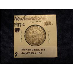 108. 1917 C Newfoundland, Canada Silver Quarter. F-12.