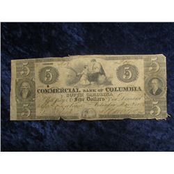 125. Mar. 3rd, 1856 "The Commercial Bank of Columbia South Carolina" $5 Pre Civil War Bank Note. G-V