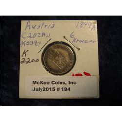 194. 1849A Austria Silver 6 Kreuzer. C202A.1. F-12.