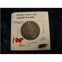 209. 1914A Germany 1 Mark. Silver. Original toned Uncirculated.