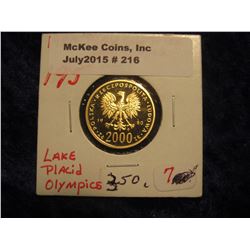 216. 1980 Poland Lake Placid Olympics Gold Proof 2000 Zlotych. Stylized Eagle. Cross Country Skier. 