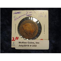 232. 1861 BB France Copper Five Centavos. Y20.2. Strasbourg Mint. Napoleon III. Scarce. Originally c