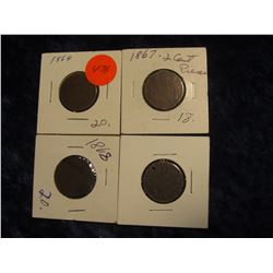 279. (2) 1864 (one is holed), 1867, & 1868 U.S. Two Cent Pieces. G-VG.