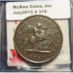 319. 1857 Bank of Upper Canada Penny Token. Depicts St. George slaying the dragon. VF.