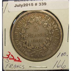 339. 1848 A France Silver 5 Francs. VF 20.