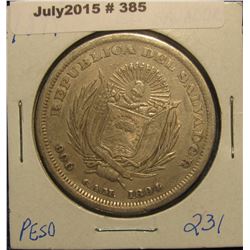 385. 1894 El Salvador .900 Fine Silver One Peso. VF.