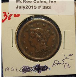 393. 1851 U.S. Large Cent. VF+.