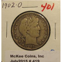 419. 1902 O Barber Half Dollar. G+. Rim Bruises.