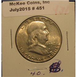 451. 1952 P Franklin Half Dollar. AU 50.