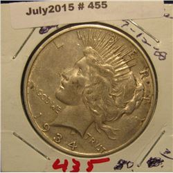 455. 1934 D U.S. Peace Silver Dollar. VF 30.