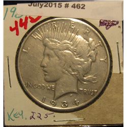 462. 1934 S U.S. Peace Silver Dollar. VG-8.