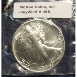 468. 1991 U.S. American Eagle One Troy Ounce Silver Dollar. Gem BU. In Littleton Cellophane.