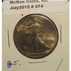 474. 1943 P Walking Liberty Half Dollar. Heavily toned EF 40.