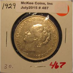 487. 1929 Netherlands .7200 Silver 2 1/2 Gulden. KM 165. EF 40. .5787 ounces pure Silver. KM value $