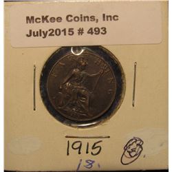 493. 1915 Great Britain Copper Farthing. EF.