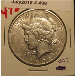 498. 1922 S U.S. Peace Dollar. VF 30.