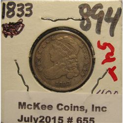 655. 1833 Bust Dime. F 15. Mark on Neck.