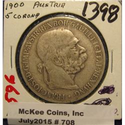 708. 1900 Austria Silver 5 Corona. K&M 2807. VF.