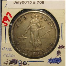 709. 1907 S Philippines. .900 F.S. Silver Peso. Struck by the United States Mint. VF.