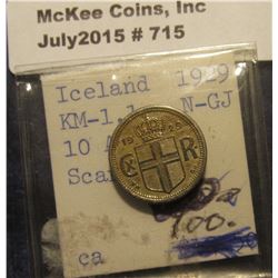 715. 1929(h) Iceland 10 Aura. KM 1.1 N-GJ. EF. Catalog $50.00.