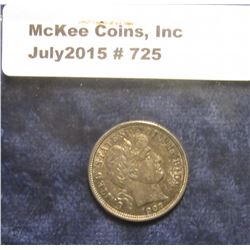 725. 1907 S Barber Dime. Moderately toned Uncirculated. Light obverse scratch.