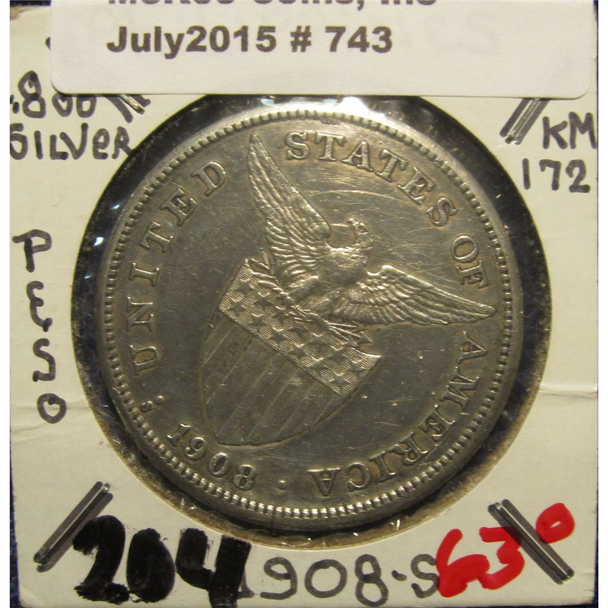 743. 1908 S Philippines .800 fine Silver Peso. Similar to