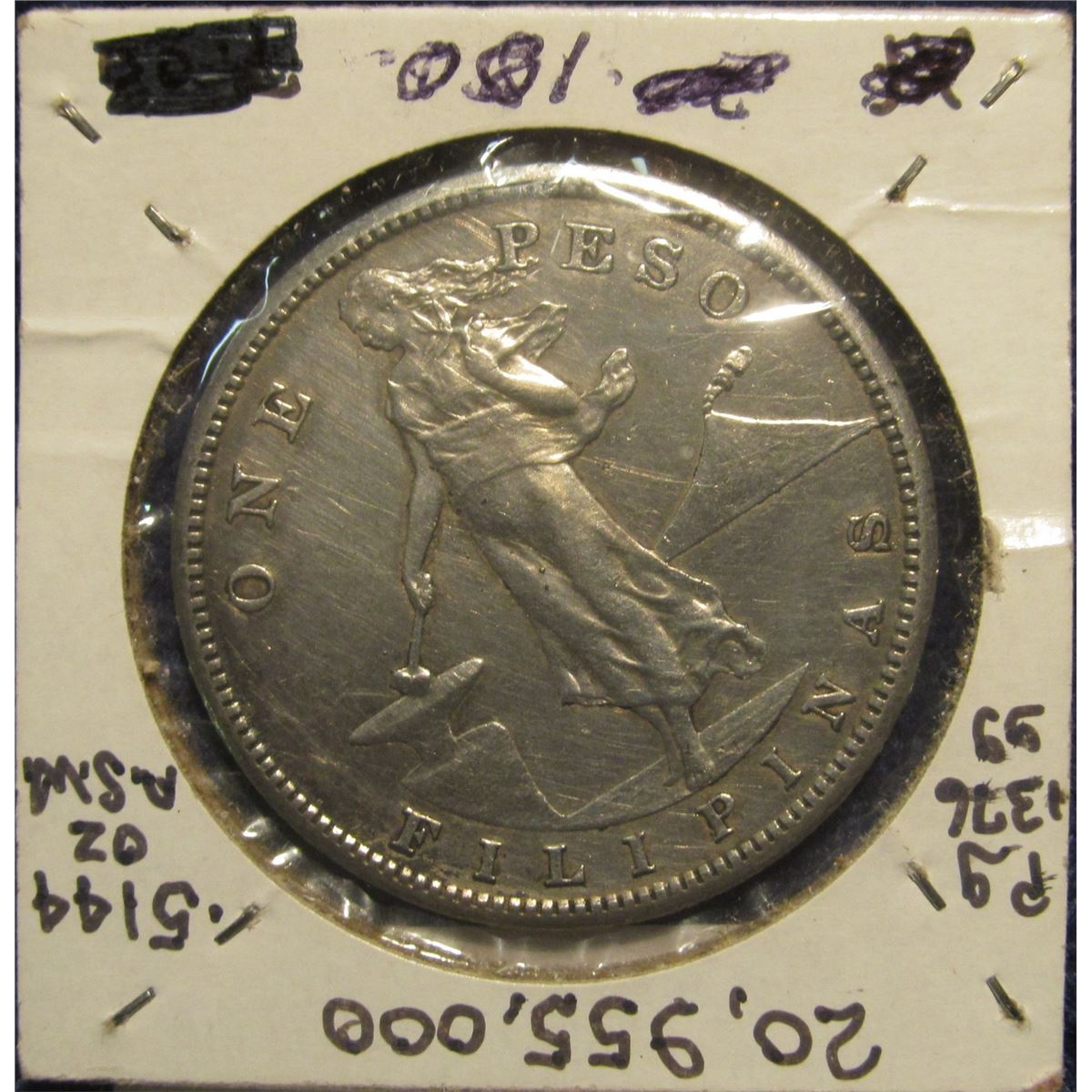743. 1908 S Philippines .800 fine Silver Peso. Similar to