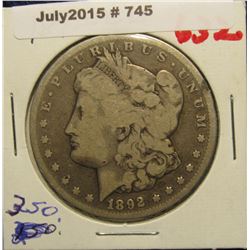 745. 1892 CC U.S. Morgan Dollar. VG-F. One of the Key Date Morgan Dollars.