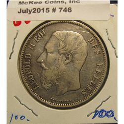 746. 1873 Belgium .900 Fine Silver Five Francs. VF 20. KM # 24. Not sure of the position, either A o