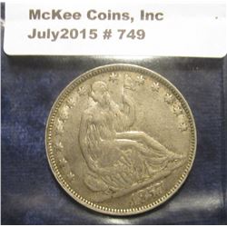 749. 1857 P U.S. Seated Liberty Half Dollar. EF 40. The "Liberty" is a little flat struck.