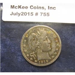 755. 1915 D U.S. Barber Quarter. EF 40.